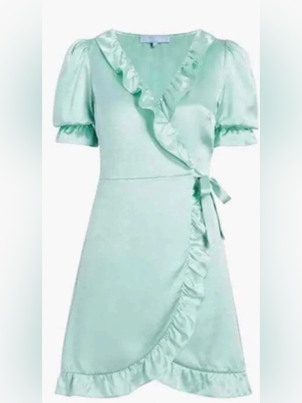 Hill House Satin Mint Wrap Dress with Ruffle Trim